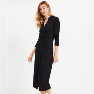 LOFT Ruched Long Sleeve Midi Button Down Shirtdress in Black Size 2P NWT